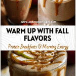 Glass of creamy Caramel Apple Protein Smoothie topped with apple slices and caramel drizzle for a cozy Fall Smoothie look